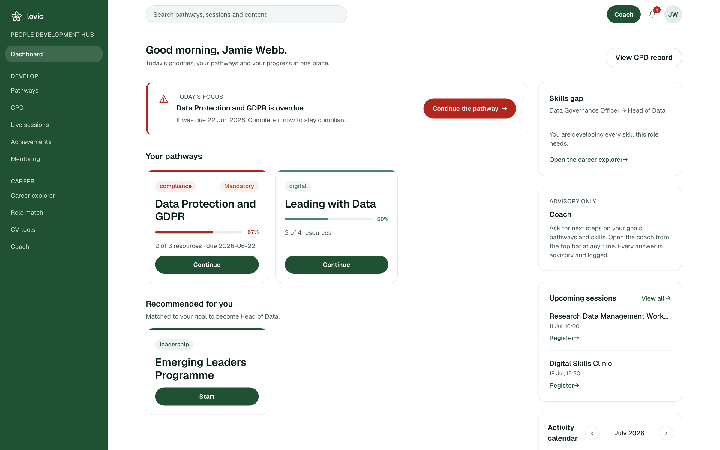 The People Development Hub dashboard showing pathways, CPD progress and career actions